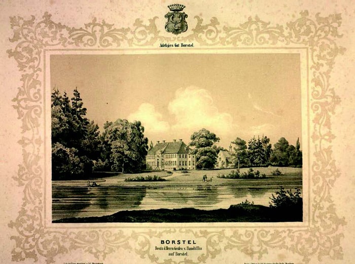 Borstel, seen across the mill pond in the 1830s, the park in the 1930s, lithograph (m. border) v. Horneman, around 1850